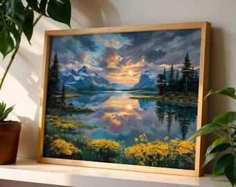 Mountain Sunset Poster, Lake Reflection Decor, Alpine Wildflower Canvas, Painterly Nature Print, Serene Wilderness Scenery Art Gift.