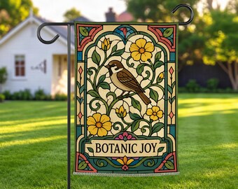 Stained Glass Bird Garden Flag, Floral Yard Decor, Botanical Outdoor Flag, Spring Summer Garden Decor, Bird Lover Gift