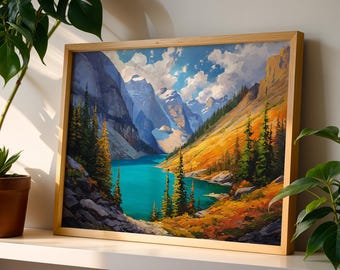 Turquoise Lake Poster, Autumn Mountain Decor, Painterly Alpine Canvas, Fall Nature Print, Wilderness Scenery Gift.