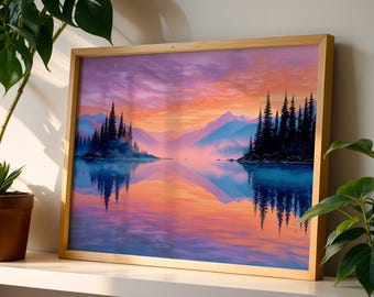 Pastel Sunset Lake Poster, Pine Tree Reflection Decor, Purple Mountain Canvas, Serene Nature Print, Vibrant Scenery Gift.