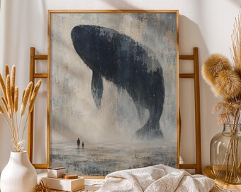 Surreal Whale Canvas, Moody Ocean Wall Art, Giant Whale and Figures Decor, Neutral Marine Poster, Minimalist Coastal Print