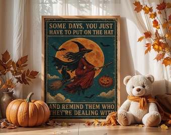 Vintage Witch Canvas Wall Art or Poster Print, Halloween Moon Decor, Flying Broom Black Cat Spooky Wall Art