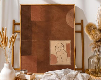 Terracotta Woman Canvas, Brown Abstract Line Art, Earth Tone Female Portrait Decor, Mid Century Poster, Neutral Collage Print