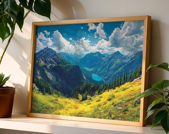 Mountain Lake Poster, Sunny Meadow Decor, Alpine Valley Canvas, Painterly Landscape Print, Summer Nature Gift.