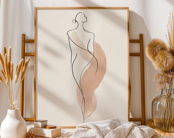 Minimalist Woman Line Art Canvas, Neutral Beige Female Figure Wall Art, Blush Abstract Decor, Feminine Body Poster, Modern Print