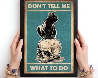 Funny Black Cat Canvas With Skull, Sarcastic Cat Wall Art Print, Retro Vintage Cat Decor Home, Dark Humor Gothic Cat Lover Gift Poster.