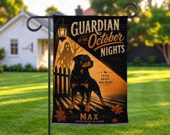 Rottweiler Halloween Garden Flag, Personalized Dog Name Yard Decor, Spooky Fall Outdoor Flag, Rottie Lover Gift, Porch Decor