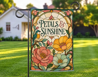 Stained Glass Floral Garden Flag, Bluebird Flower Yard Decor, Spring Summer Outdoor Flag, Botanical Porch Decor