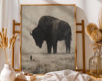 Textured Vintage Bison Canvas, Rustic Western Wall Art, Neutral Buffalo Decor, Minimalist Wildlife Poster, Farmhouse Lodge Print