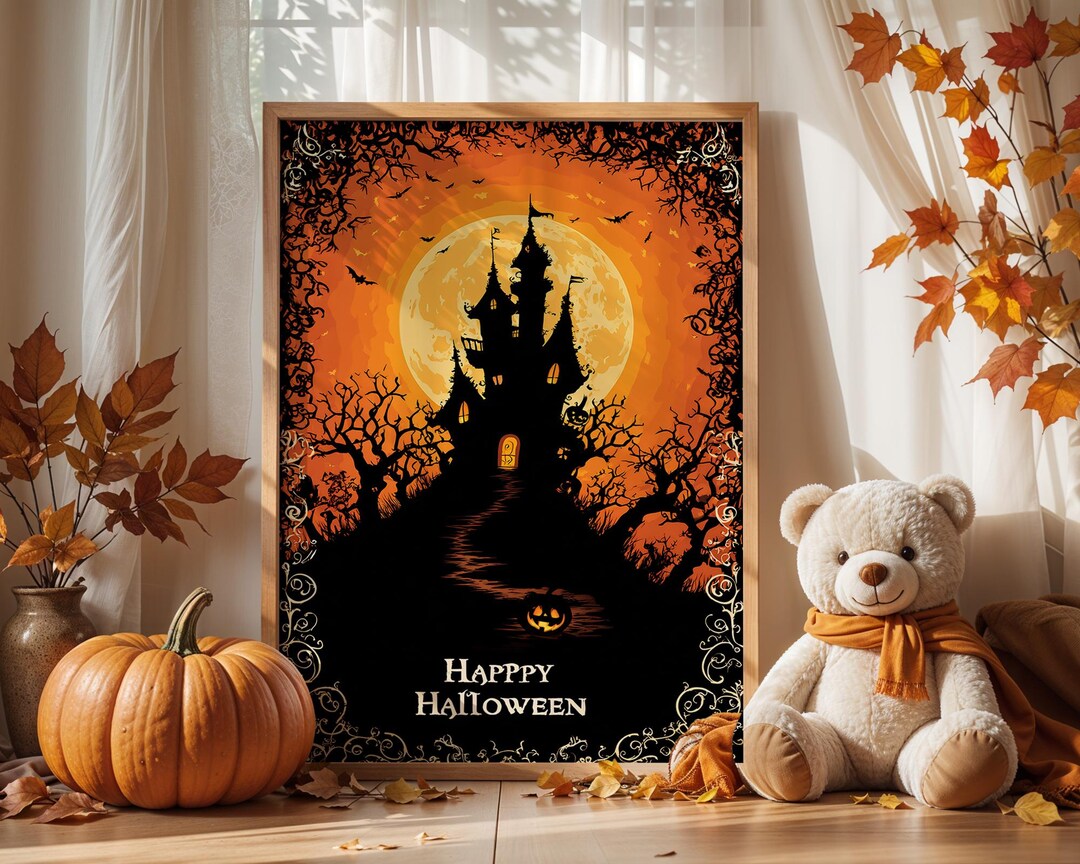 Haunted Castle Halloween Canvas, Full Moon Spooky House Wall Art Print ...