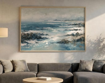 Impasto Blue Ocean Canvas, Modern Coastal Room Decor, Crashing Waves Seascape Poster, Textured Navy Art Print, Rustic Beach Wall Gift.