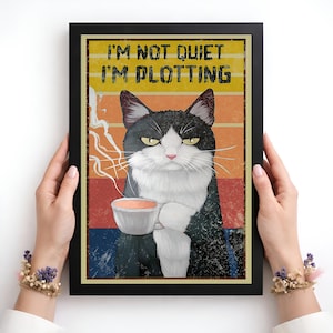 Póster divertido de gato tramando algo para amantes de los gatos, lienzo "No estoy callado, estoy tramando algo", regalo de arte mural humorístico de gato negro, póster de decoración de animales lindos.