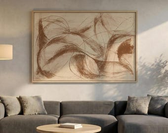 Brown Abstract Canvas, Beige Gestural Line Wall Art, Neutral Contemporary Decor, Organic Scribble Poster, Modern Earth Tone Print