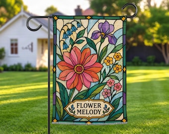 Stained Glass Wildflower Garden Flag, Floral Yard Decor, Colorful Botanical Outdoor Flag, Spring Summer Porch Decor