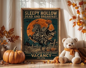 Vintage Sleepy Hollow Poster, Headless Horseman Decor, Dead And Breakfast Canvas, Retro Halloween Sign Print, Spooky Autumn Wall Art Gift.