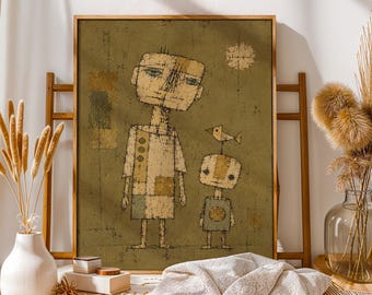 Retro Robot Canvas, Mid Century Folk Wall Art, Olive Mustard Abstract Decor, Whimsical Robot Poster, Vintage Geometric Print