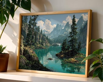 Emerald Lake Poster, Pine Wilderness Decor, Rugged Mountain Canvas, Scenic Nature Print, Hiker Scenery Gift.