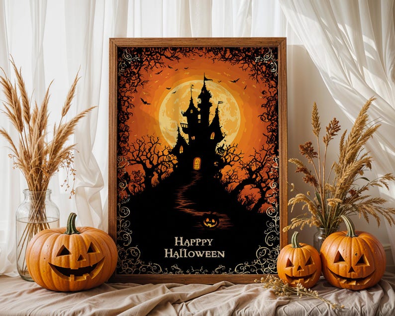 Haunted Castle Halloween Canvas, Full Moon Spooky House Wall Art Print ...