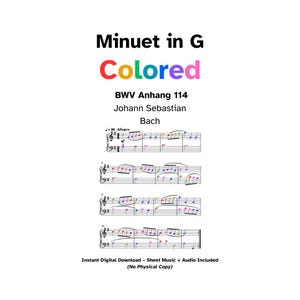 Minuet in G BWV Anh 114 - Bach | Color-Coded Piano Sheet Music + Audio (Digital Download)