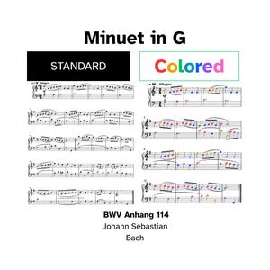 Peut inclure: Partition de musique pour "Menuet en sol" de Johann Sebastian Bach, BWV Anh. 114. L'image présente deux versions : "Standard" en noir et blanc et "Coloré" avec des notes mises en évidence en couleurs. Le titre est en lettres noires en gras.