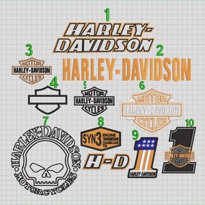 May include: A collection of ten embroidered Harley-Davidson logo designs numbered one through ten. The designs include various shield emblems, text-based logos, a skull graphic, a SYN3 engine oil patch, and a large number one graphic on a grid background.