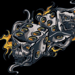 Könnte beinhalten: Gesticktes Design von drei Würfeln mit Totenkopfgesichtern und gelben Flammen auf schwarzem Hintergrund. Die Würfel sind grau mit gelben Punkten und dunkelblauen Umrissen, was ein Gothic- oder Biker-Thema erzeugt.