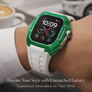 Peut inclure: Un smartwatch avec un bo&icirc;tier de protection vert et un bracelet blanc est pr&eacute;sent&eacute; sur un poignet. L'&eacute;cran affiche l'heure 10h09, ainsi que d'autres donn&eacute;es. Le texte "Elevate Your Style with Unmatched Luxury" et "Experience Innovation on Your Wrist" est en bas.