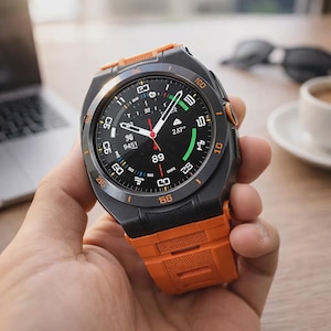 May include: A black and orange smartwatch with a digital display showing various metrics. The watch has a round face with orange accents on the bezel and strap. The display shows numbers, icons, and a red second hand. The watch is held in a hand.