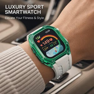 Peut inclure: Montre connect&eacute;e de sport de luxe avec un bo&icirc;tier vert et un bracelet blanc. L'&eacute;cran affiche des donn&eacute;es de fitness, notamment la fr&eacute;quence cardiaque et les pas. Le texte "LUXURY SPORT SMARTWATCH" et "Elevate Your Fitness & Style" est visible.