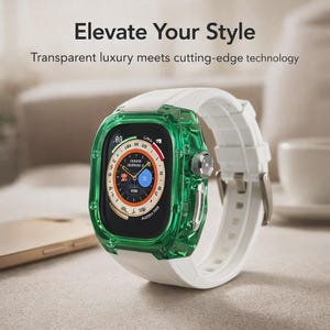 Peut inclure: Une montre connect&eacute;e avec un bo&icirc;tier de protection vert et un bracelet blanc. L'&eacute;cran affiche des donn&eacute;es. Le texte "Elevate Your Style" et "Transparent luxury meets cutting-edge technology" sont visibles.