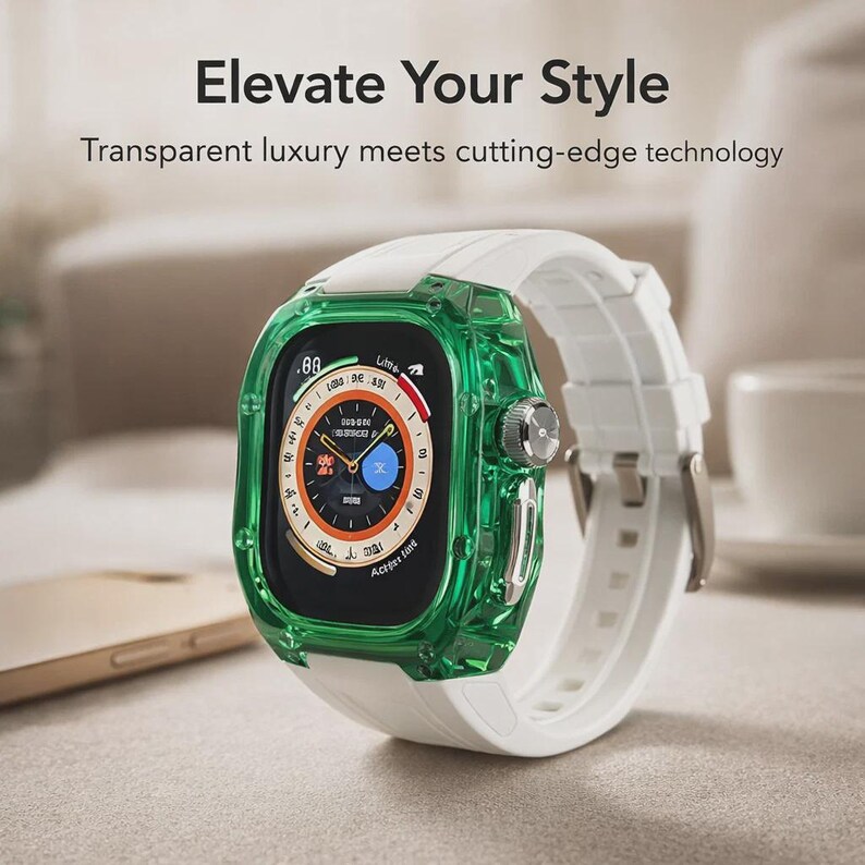 Peut inclure: Une montre connect&eacute;e avec un bo&icirc;tier de protection vert et un bracelet blanc. L'&eacute;cran affiche des donn&eacute;es. Le texte "Elevate Your Style" et "Transparent luxury meets cutting-edge technology" sont visibles.