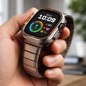 Könnte beinhalten: Eine silberne Smartwatch mit rechteckigem Zifferblatt, das die Uhrzeit 10:09 und andere Daten anzeigt. Die Uhr hat einen orangefarbenen Akzent und ein silbernes Metallarmband. Der Bildschirm zeigt Gesundheitsdaten an.