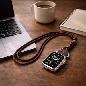 Pode incluir: Um smartwatch prateado com pulseira e cordão de couro castanho repousa sobre uma superfície de madeira. Uma caneca branca com café, um caderno e um laptop também estão presentes. O relógio mostra as 17:00.