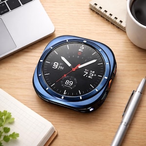 May include: A modern, square-shaped watch with a dark face and a blue bezel. The watch displays the time, date, and other metrics. The watch is on a wooden surface, next to a laptop, pen, and notepad.