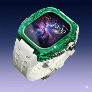 Peut inclure: Une montre connect&eacute;e moderne avec un bracelet blanc et une lunette verte transparente. L'&eacute;cran affiche une image de galaxie avec l'heure 10h09 et la date 14 oct. La montre a un bouton argent&eacute; sur le c&ocirc;t&eacute;.