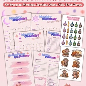 Op de afbeelding: Een pastelkleurige plannerbundel met de tekst "MOMS & KIDS PASTEL PLANNER BUNDLE". Bevat wekelijkse checklists, dagplanners en stickerbladen. De afbeelding toont een verscheidenheid aan roze en blauwe ontwerpen.