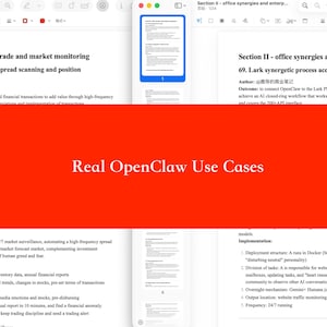 Puede incluir: Un documento con el título "Real OpenClaw Use Cases" en texto blanco sobre un fondo rojo. El documento está dividido en secciones con texto detallado, incluyendo títulos como "investigación sobre comercio y seguimiento del mercado".