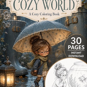 May include: A digital coloring book titled Tiny Girl's Cozy World featuring 30 pages for instant download. The cover art displays a girl with glasses and a scarf holding a blue umbrella in the rain, with a circular inset showing a line art illustration.