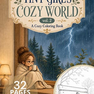 May include: A coloring book titled Tiny Girl's Cozy World vol. 2 A Cozy Coloring Book featuring a brown-haired character with glasses wrapped in a blanket holding a mug by a window during a storm, with a 32 pages instant download label.