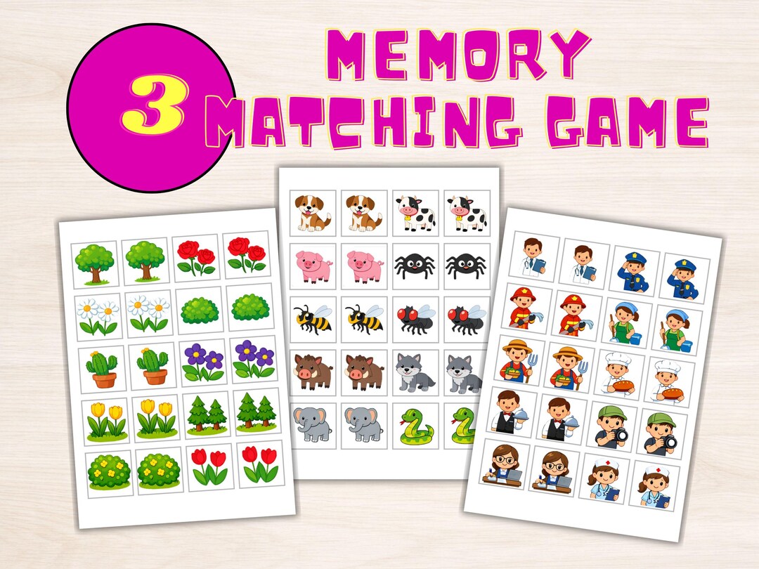 Memory Matching Game Printable for Kids | 3 Sets Animals Plants Jobs ...