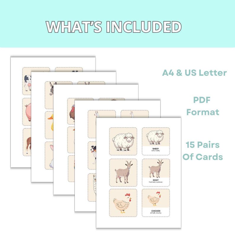 Farm Animals Memory Game Printable Matching Cards for Kids (digital ...