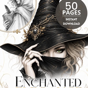 Vacker häxmålarbok för vuxna, målarbilder med fantasyhäxor, målarbok för Halloween, 50 häxillustrationer (direktnedladdning)