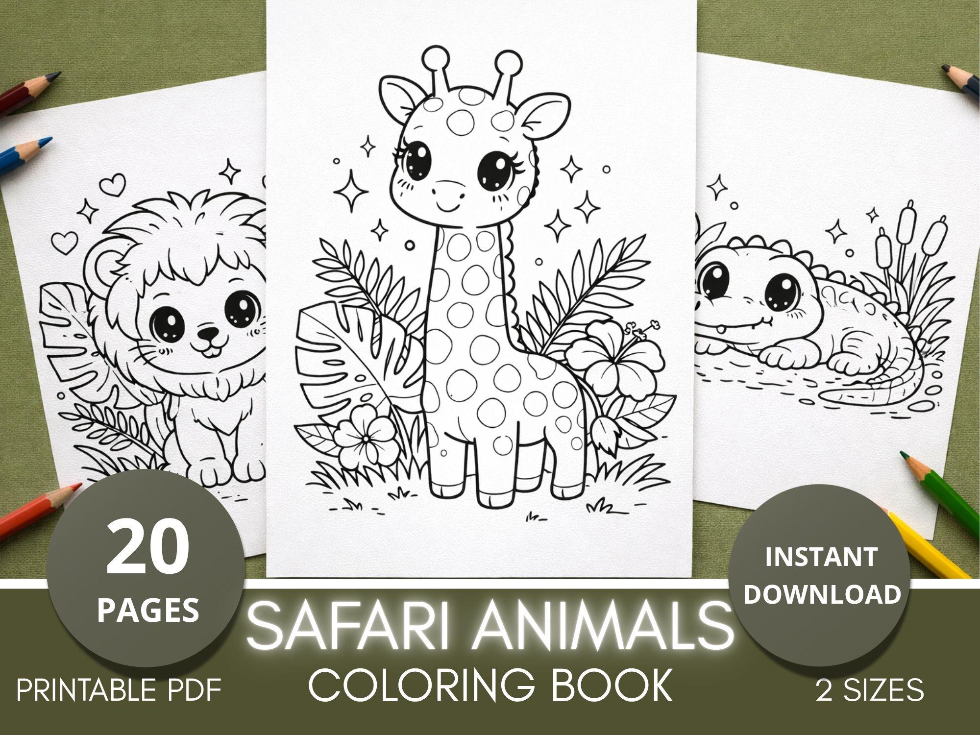 Safari Animals Kawaii Coloring Book, 20 Printable Pages (PDF Download ...