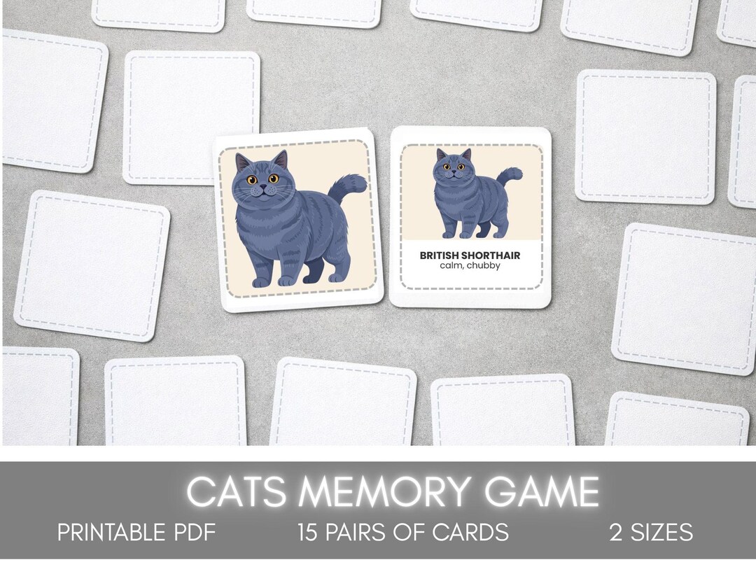 Cat Breeds Memory Game | Printable Matching Cards for Kids (PDF) - Etsy