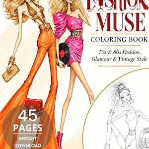 Può includere: Un libro da colorare intitolato RETRO FASHION MUSE con illustrazioni di figure in abbigliamento anni '70 e '80. La copertina mostra due illustrazioni di moda colorate e un disegno al tratto in bianco e nero, con 45 pagine indicate.