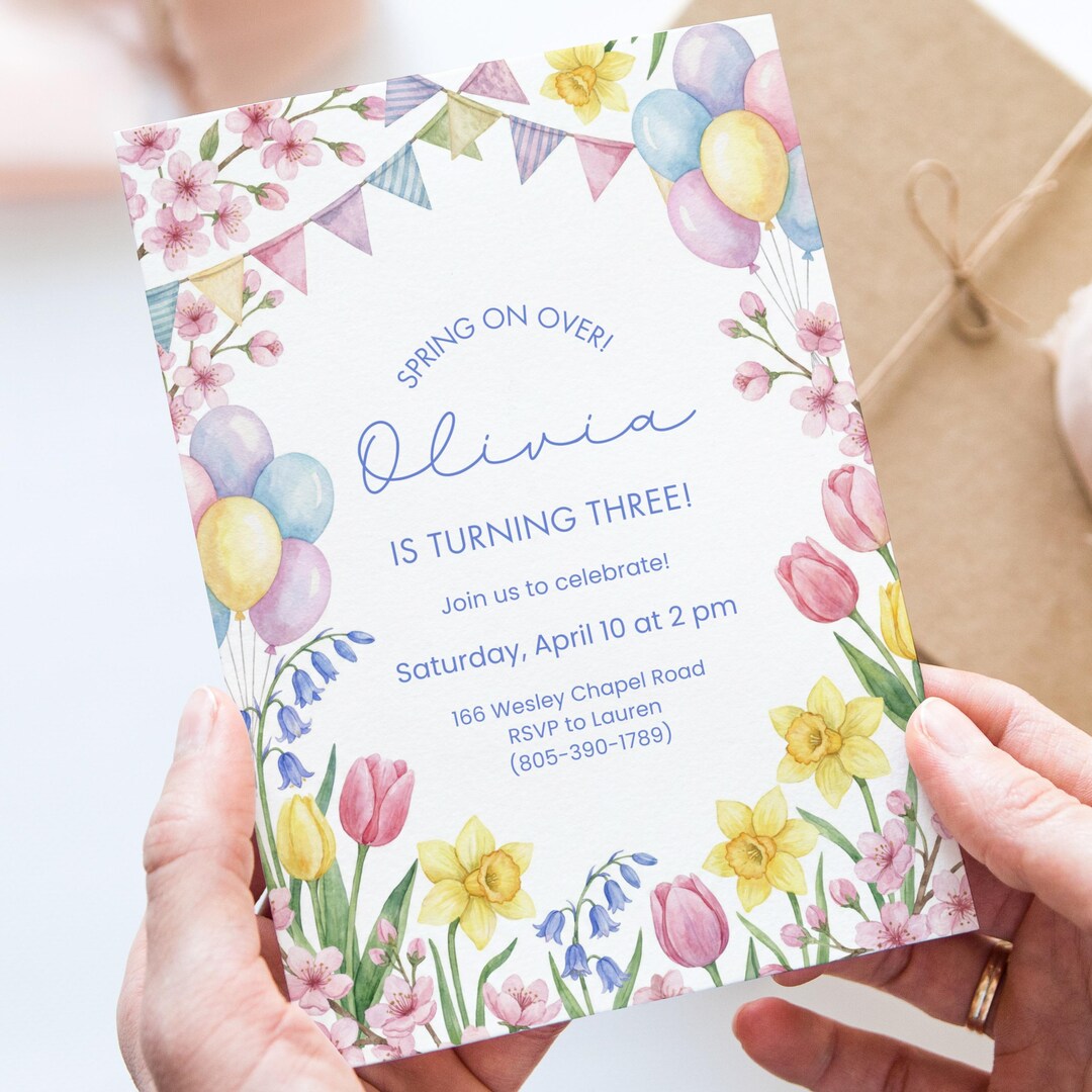 Spring Party Invitaito Spring Birthday Invitation, Floral 3rd Birthday Invite, Watercolor ...