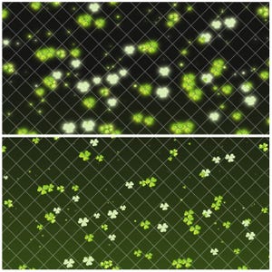 May include: Two images featuring a grid pattern with scattered shamrocks in shades of green and white. The top image has glowing shamrocks and sparkles on a dark background. The bottom image has a similar pattern on a green background.