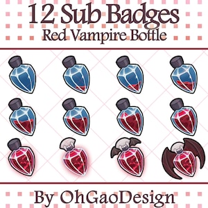 Op de afbeelding: Twaalf digitale badges met een ontwerp van een rode vampierfles. De flessen zijn in verschillende tinten blauw en rood, met een donkergrijze dop. De tekst "12 Sub Badges Red Vampire Bottle" en "By OhGaoDesign" is ook opgenomen.