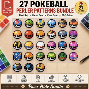 Può includere: Immagine di 27 modelli Perler pixel art con design Poké Ball. Il testo recita "27 PokeBall Perler Patterns Bundle". L'immagine include icone per una griglia di 5, chiave colori, guida PDF e istruzioni facili. Per progetti Hama Bead e Fuse Bead.