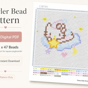 May include: A digital PDF Perler bead pattern featuring a 48 x 47 bead grid design. The document includes a numbered coordinate system, a color-coded legend, and a visual representation of a character graphic. Text includes Perler Bead Pattern, Digital PDF, 48 x 47 Beads, Instant Download, Pattern Only, and Paws Hide Studio.